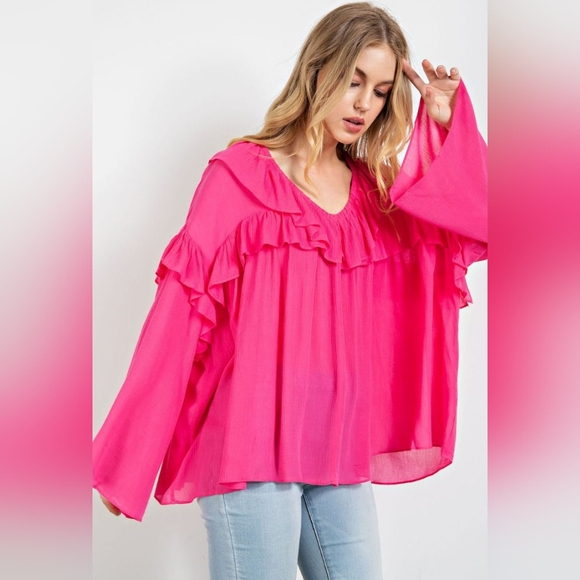 Easel Hot Pink Oversized Ruffled Bell Sleeve Boho Top - Picture 3 of 5